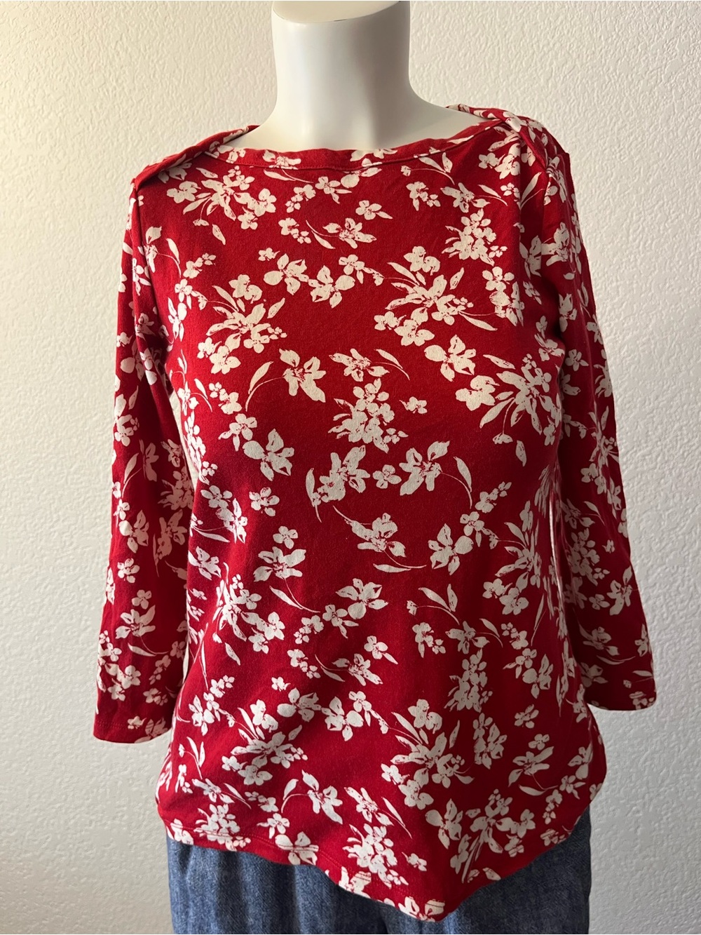 Style & Co. Women's Red Floral Boatneck Long Sleeve Top-Bold and Beautiful!